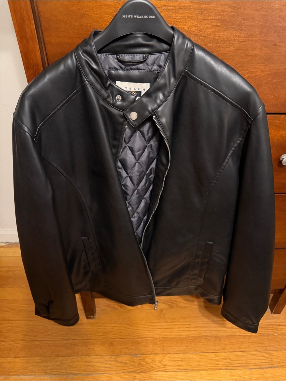 Joseph Abboud Black Faux Leather Bomber Jacket with Quilted Lining